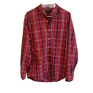 Polo assn. Button Up Adult Medium Red Blue Plaid‎ Long Sleeve Mens Shirt